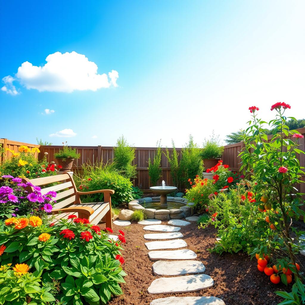 A beautifully landscaped backyard garden featuring a variety of plants and flowers