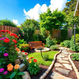 A beautifully landscaped backyard garden featuring a variety of plants and flowers