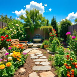 A beautifully landscaped backyard garden featuring a variety of plants and flowers