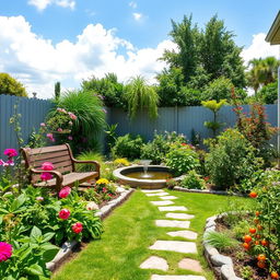 A beautifully landscaped backyard garden featuring a variety of plants and flowers