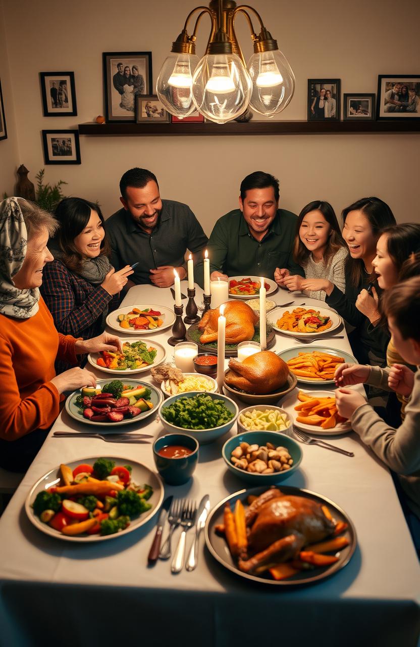 A family gathered around a beautifully decorated dining table for a warm and inviting family meal