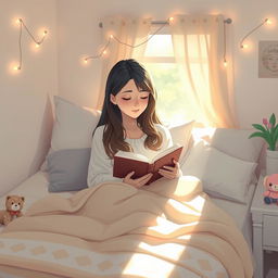 A serene bedroom scene featuring a cozy, inviting space