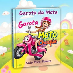 A vibrant and imaginative book cover for a children's novel titled 'A Garota da Moto Rosa Choque' by Saulo Piva Romero