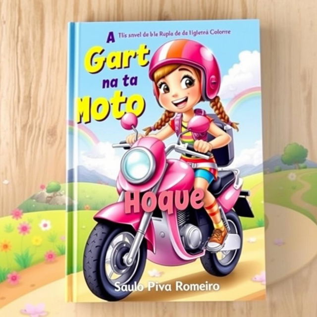 A vibrant and imaginative book cover for a children's novel titled 'A Garota da Moto Rosa Choque' by Saulo Piva Romero