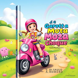 A vibrant and imaginative book cover for a children's novel titled 'A Garota da Moto Rosa Choque' by Saulo Piva Romero
