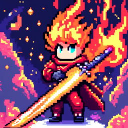 Pixel art profile picture featuring a flaming sword against a cosmic background.