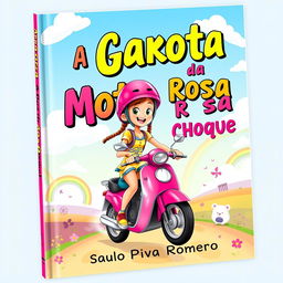 A vibrant and imaginative book cover for a children's novel titled 'A Garota da Moto Rosa Choque' by Saulo Piva Romero