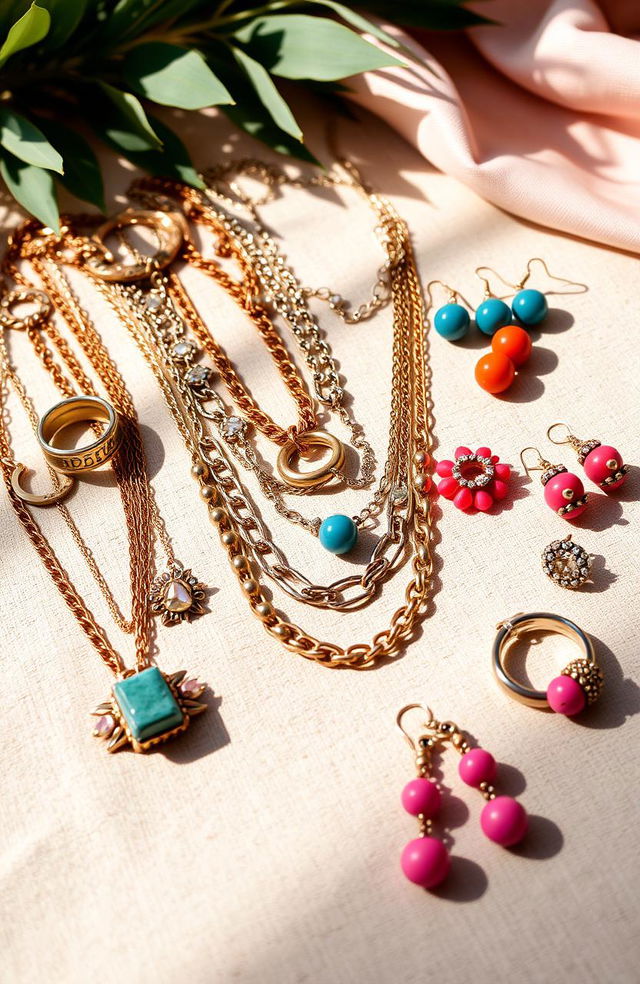 A vibrant and eye-catching flat lay showcasing a variety of trendy, affordable jewelry pieces, including layered necklaces, chunky rings, and colorful earrings