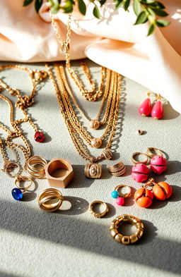 A vibrant and eye-catching flat lay showcasing a variety of trendy, affordable jewelry pieces, including layered necklaces, chunky rings, and colorful earrings