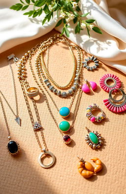 A vibrant and eye-catching flat lay showcasing a variety of trendy, affordable jewelry pieces, including layered necklaces, chunky rings, and colorful earrings