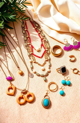 A vibrant and eye-catching flat lay showcasing a variety of trendy, affordable jewelry pieces, including layered necklaces, chunky rings, and colorful earrings