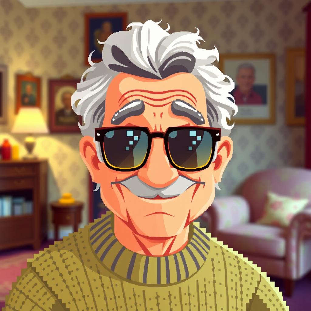 A pixel art depiction of a wise and whimsical grandfather figure wearing stylish sunglasses