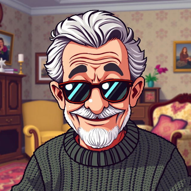 A pixel art depiction of a wise and whimsical grandfather figure wearing stylish sunglasses