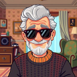 A pixel art depiction of a wise and whimsical grandfather figure wearing stylish sunglasses