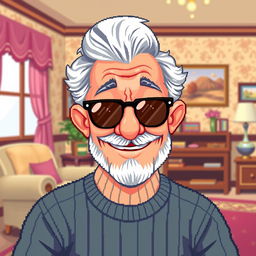 A pixel art depiction of a wise and whimsical grandfather figure wearing stylish sunglasses