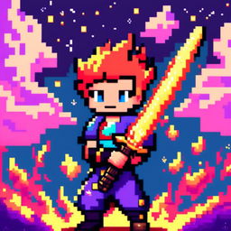 Pixel art profile picture featuring a flaming sword against a cosmic background.