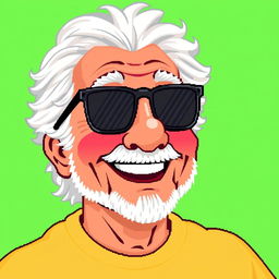 A pixel art image of a grandfather with a big smile wearing stylish sunglasses