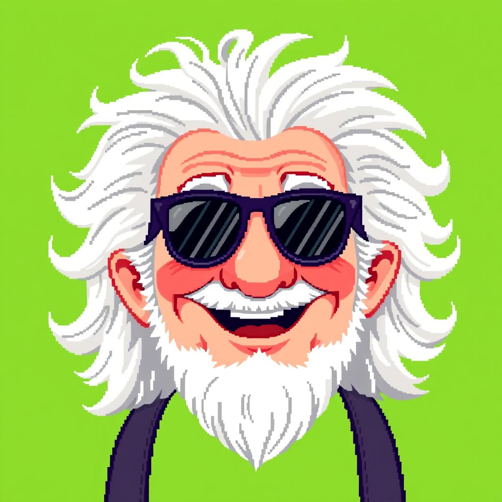 A pixel art image of a grandfather with a big smile wearing stylish sunglasses