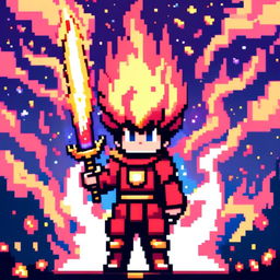 Pixel art profile picture featuring a flaming sword against a cosmic background.