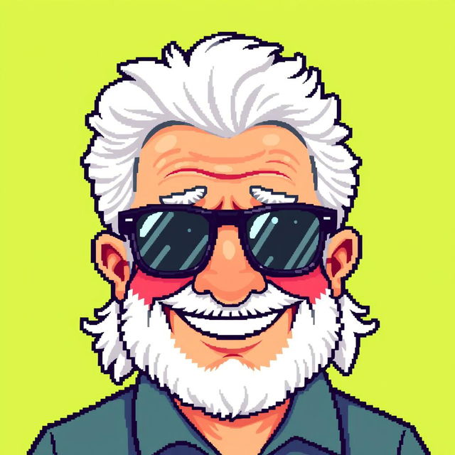 A pixel art image of a grandfather with a big smile wearing stylish sunglasses