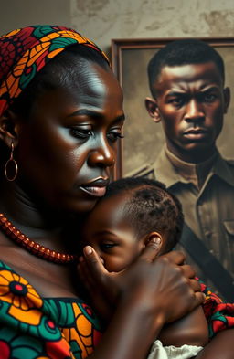 A poignant portrait of an emotional scene featuring a black woman wearing vibrant African dress, her face adorned with tears, symbolizing a deep sorrow