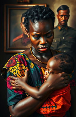 A poignant portrait of an emotional scene featuring a black woman wearing vibrant African dress, her face adorned with tears, symbolizing a deep sorrow