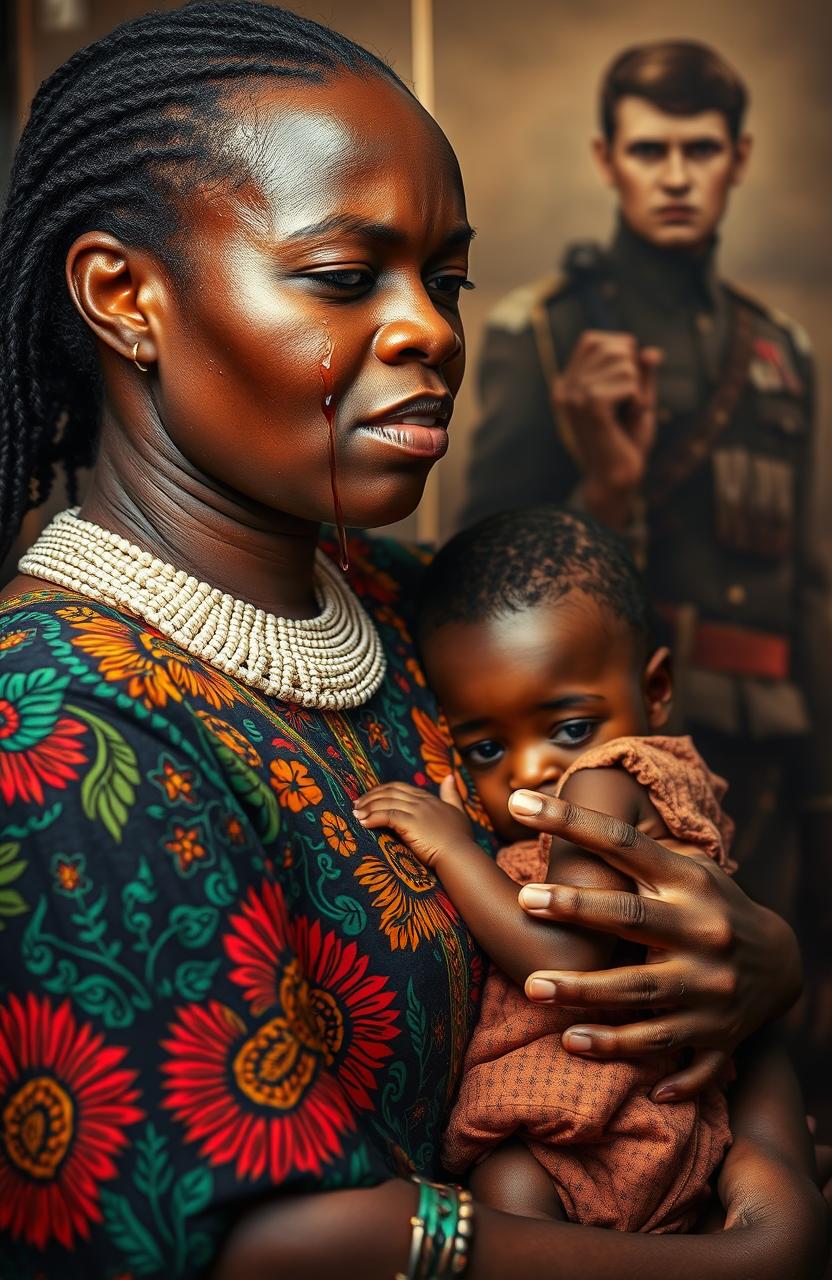 A poignant portrait of an emotional scene featuring a black woman wearing vibrant African dress, her face adorned with tears, symbolizing a deep sorrow