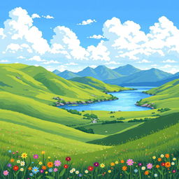 A breathtaking landscape illustrated in pixel art style, featuring rolling hills covered in vibrant green grass, a clear blue sky dotted with fluffy white clouds, and a serene lake reflecting the scenery