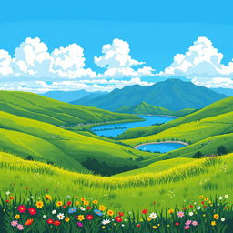 A breathtaking landscape illustrated in pixel art style, featuring rolling hills covered in vibrant green grass, a clear blue sky dotted with fluffy white clouds, and a serene lake reflecting the scenery
