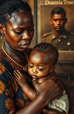 A poignant portrait of an emotional scene featuring a black woman wearing vibrant African dress, her face adorned with tears, symbolizing a deep sorrow