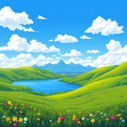 A breathtaking landscape illustrated in pixel art style, featuring rolling hills covered in vibrant green grass, a clear blue sky dotted with fluffy white clouds, and a serene lake reflecting the scenery