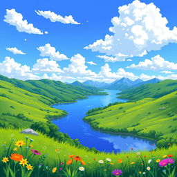 A breathtaking landscape illustrated in pixel art style, featuring rolling hills covered in vibrant green grass, a clear blue sky dotted with fluffy white clouds, and a serene lake reflecting the scenery