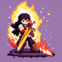 Pixel art profile picture featuring a flaming sword against a cosmic background.