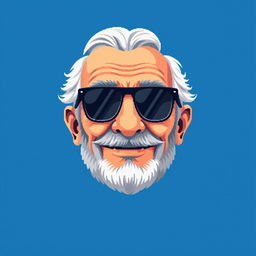 A pixel art depiction of a grandfather's head wearing stylish sunglasses, set against a vibrant blue background