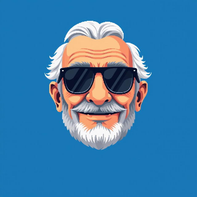 A pixel art depiction of a grandfather's head wearing stylish sunglasses, set against a vibrant blue background