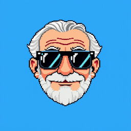 A pixel art depiction of a grandfather's head wearing stylish sunglasses, set against a vibrant blue background