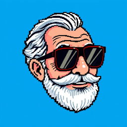 A pixel art depiction of a grandfather's head wearing stylish sunglasses, set against a vibrant blue background