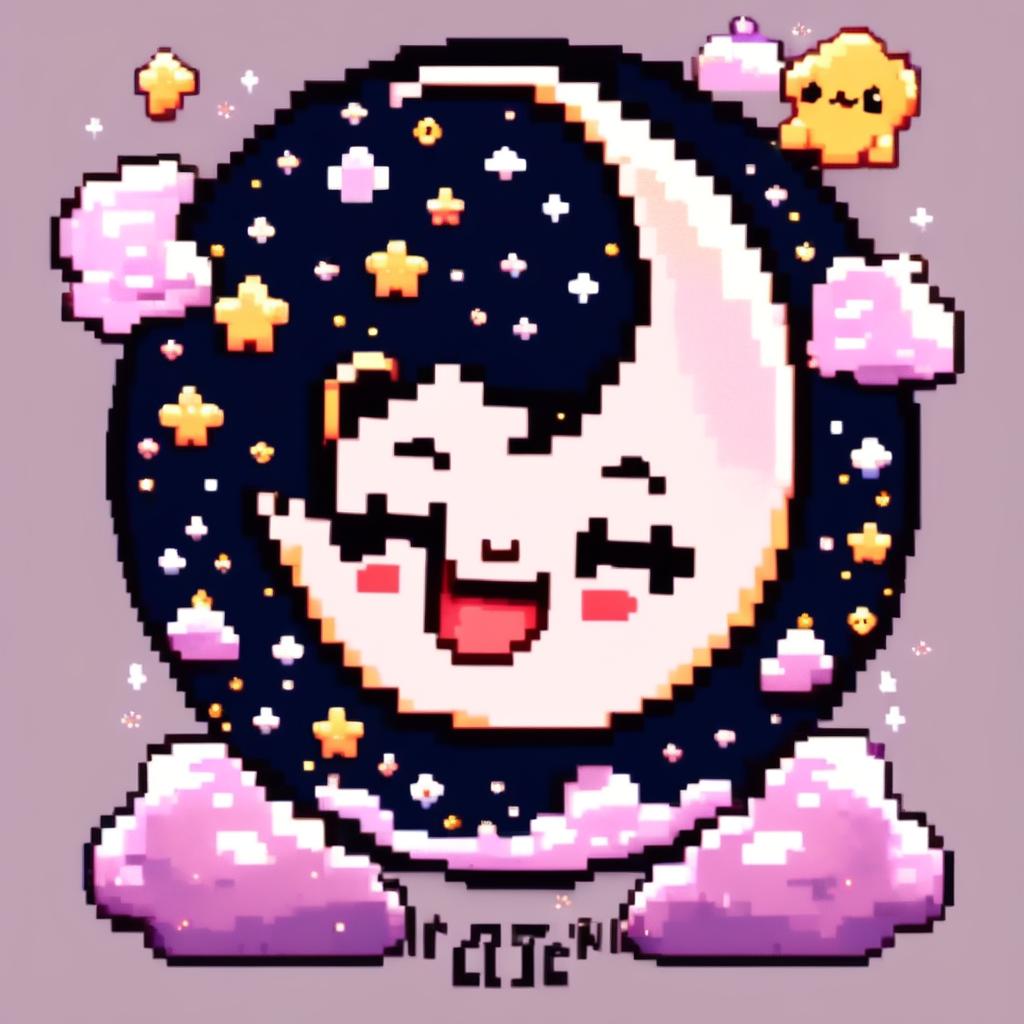 Pixel art profile picture featuring a cute, smiling moon against a cosmic background filled with stars and galaxies, framed by a black border