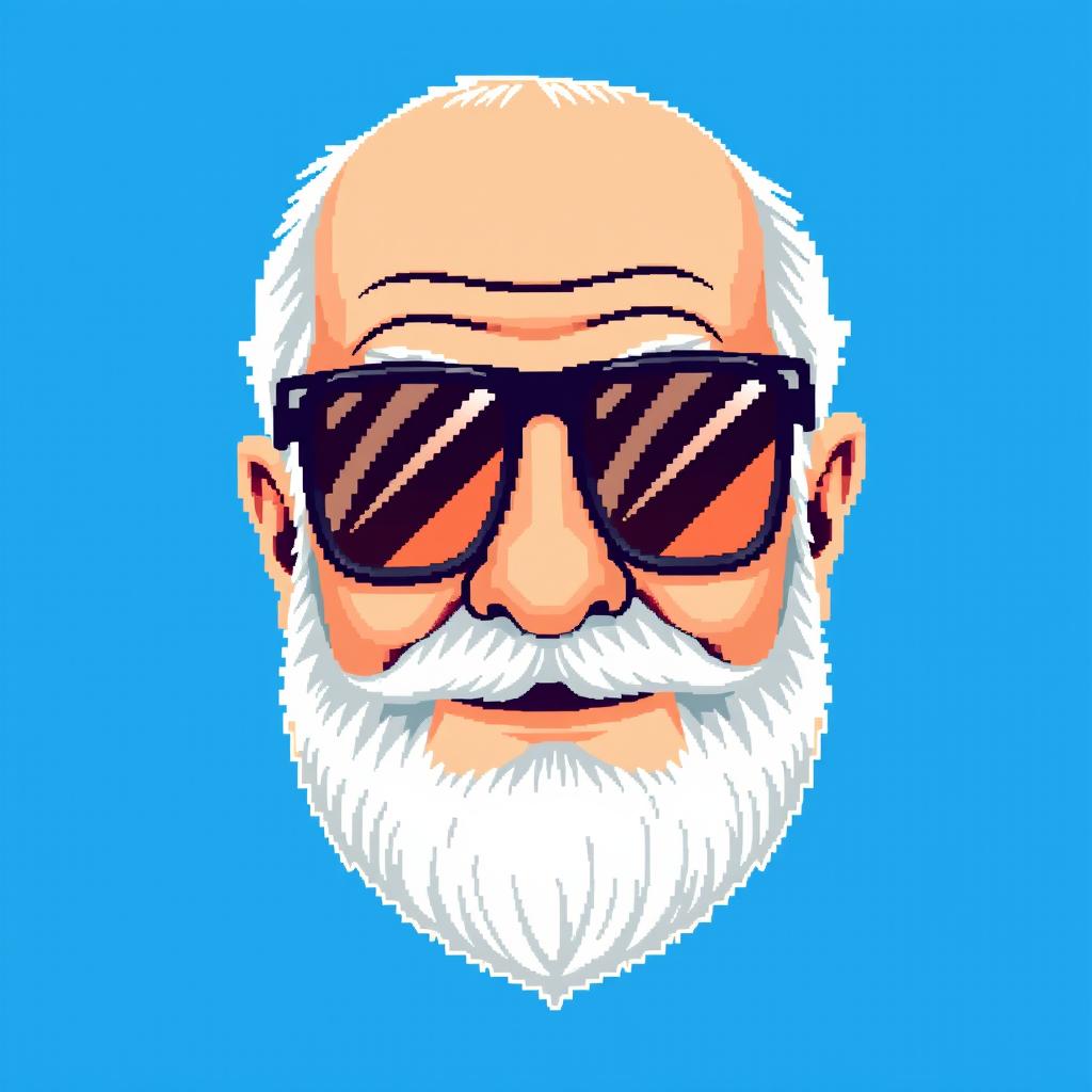 A pixel art depiction of a grandfather's head wearing stylish sunglasses, set against a vibrant blue background