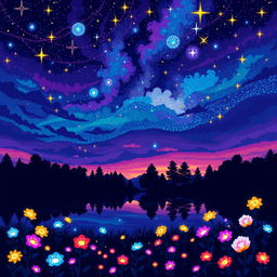 A stunning night landscape illustrated in pixel art style, featuring an enchanting sky filled with unusual colors like deep purples, vibrant blues, and sparkling golden stars