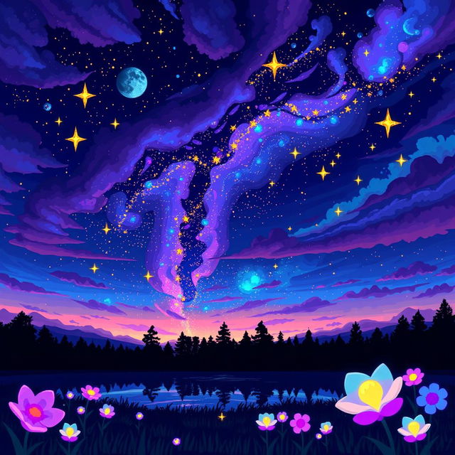 A stunning night landscape illustrated in pixel art style, featuring an enchanting sky filled with unusual colors like deep purples, vibrant blues, and sparkling golden stars