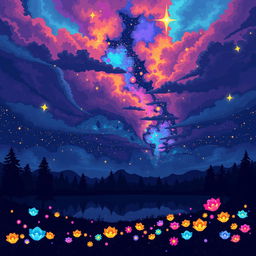 A stunning night landscape illustrated in pixel art style, featuring an enchanting sky filled with unusual colors like deep purples, vibrant blues, and sparkling golden stars