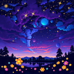 A stunning night landscape illustrated in pixel art style, featuring an enchanting sky filled with unusual colors like deep purples, vibrant blues, and sparkling golden stars