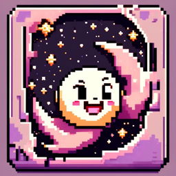 Pixel art profile picture featuring a cute, smiling moon against a cosmic background filled with stars and galaxies, framed by a black border