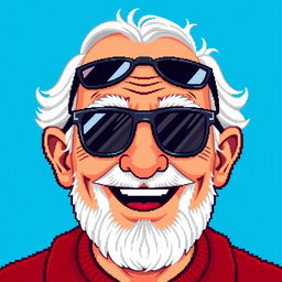 A pixel art depiction of a grandfather's head wearing stylish sunglasses, showcasing a joyful expression