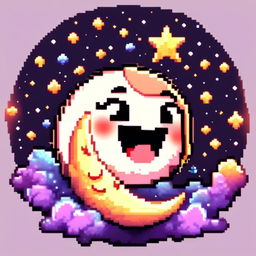 Pixel art profile picture featuring a cute, smiling moon against a cosmic background filled with stars and galaxies, framed by a black border