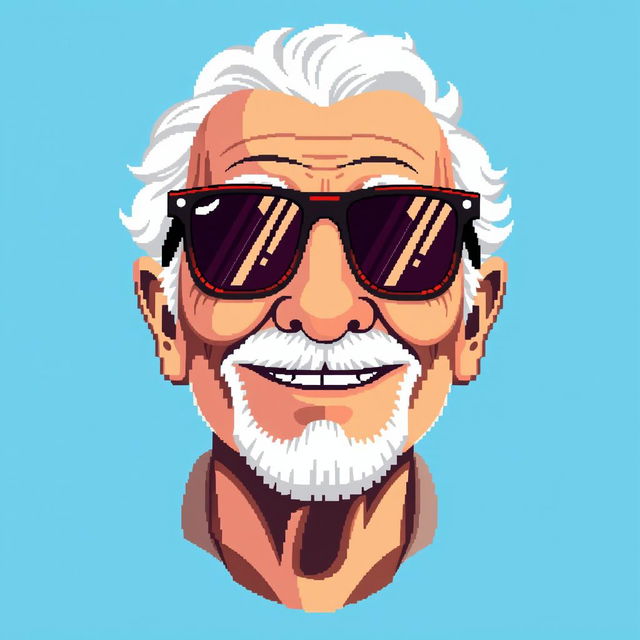 A pixel art depiction of a grandfather wearing stylish sunglasses, featuring a kind and wise expression