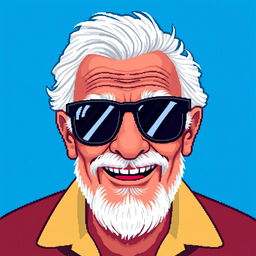 A pixel art depiction of a grandfather wearing stylish sunglasses, featuring a kind and wise expression