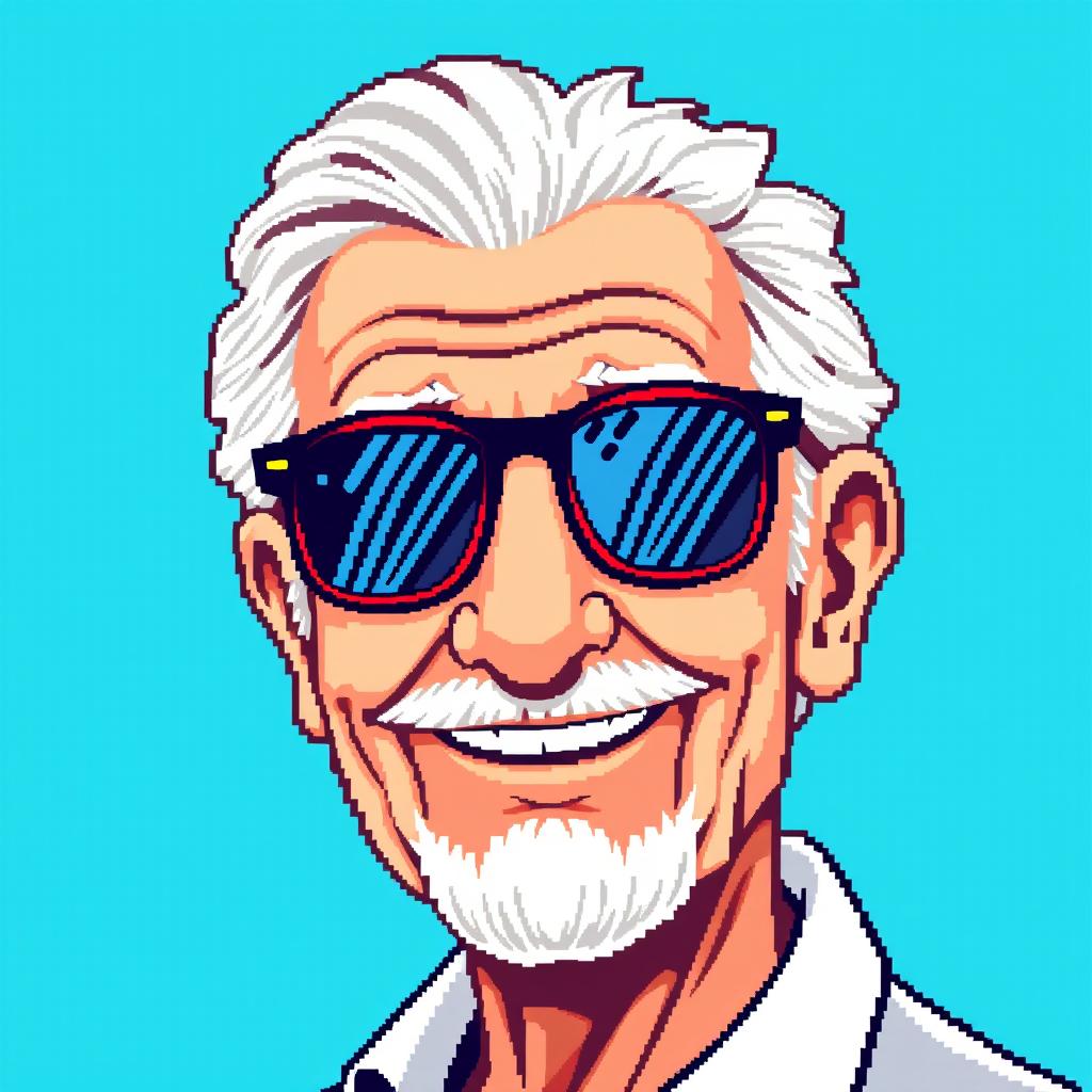 A pixel art depiction of a grandfather wearing stylish sunglasses, featuring a kind and wise expression