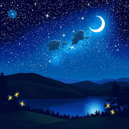 A very beautiful night landscape illustrated in pixel art style, showcasing a rich night sky filled with twinkling stars and a luminous crescent moon
